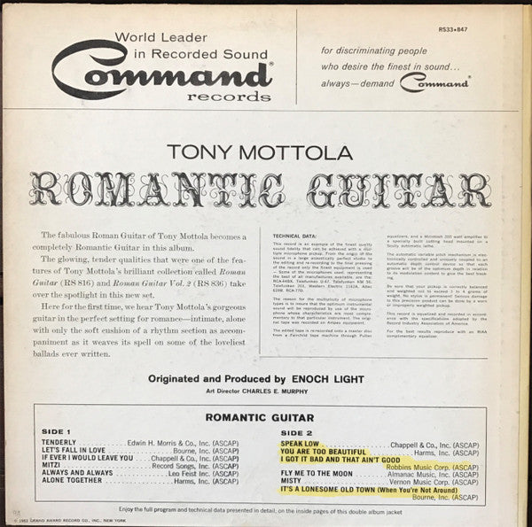 Tony Mottola : Romantic Guitar (LP, Album, Mono, Gat)