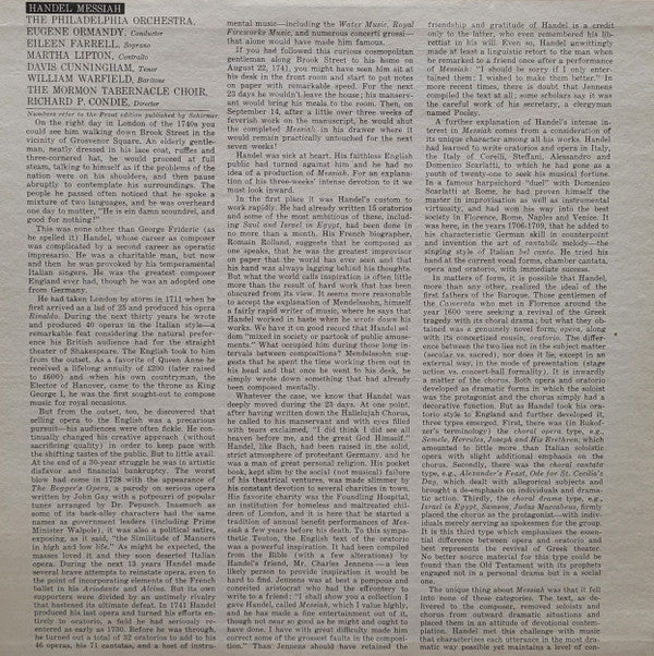 Georg Friedrich Händel : The Philadelphia Orchestra, Eugene Ormandy ; Mormon Tabernacle Choir, Richard P. Condie ; Eileen Farrell, Martha Lipton, Davis Cunningham, William Warfield : Messiah (2xLP, Album, RE)