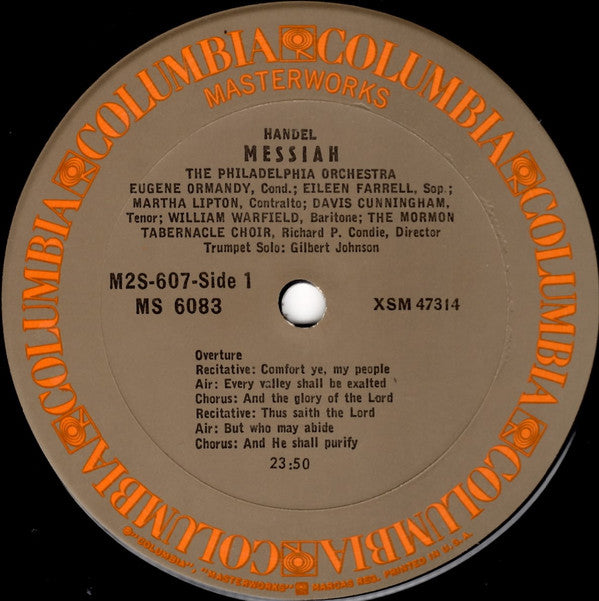 Georg Friedrich Händel : The Philadelphia Orchestra, Eugene Ormandy ; Mormon Tabernacle Choir, Richard P. Condie ; Eileen Farrell, Martha Lipton, Davis Cunningham, William Warfield : Messiah (2xLP, Album, RE)