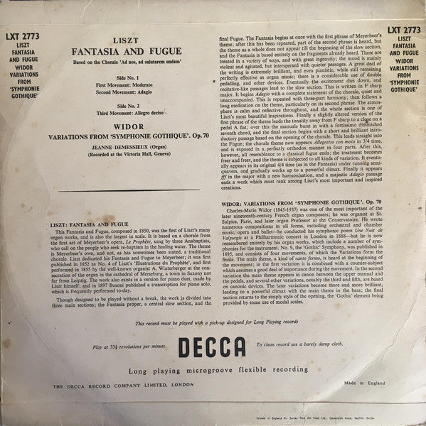 Jeanne Demessieux, Franz Liszt, Charles-Marie Widor : Fantasia And Fugue - Variations From "Symphonie Gothique" (LP, Mono)