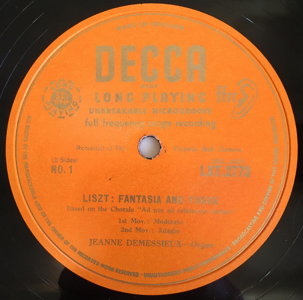 Jeanne Demessieux, Franz Liszt, Charles-Marie Widor : Fantasia And Fugue - Variations From "Symphonie Gothique" (LP, Mono)