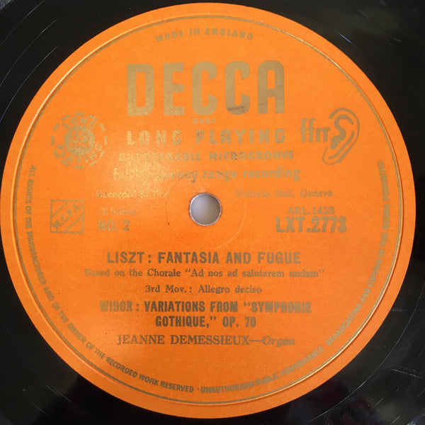 Jeanne Demessieux, Franz Liszt, Charles-Marie Widor : Fantasia And Fugue - Variations From "Symphonie Gothique" (LP, Mono)