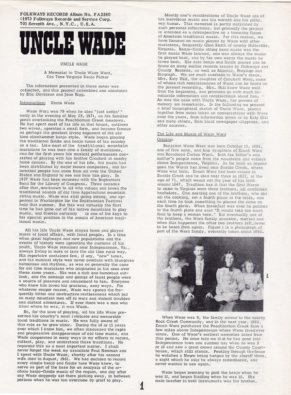 Wade Ward : Uncle Wade - A Memorial To Wade Ward, Old Time Virginia Banjo Picker 1892-1971 (LP)