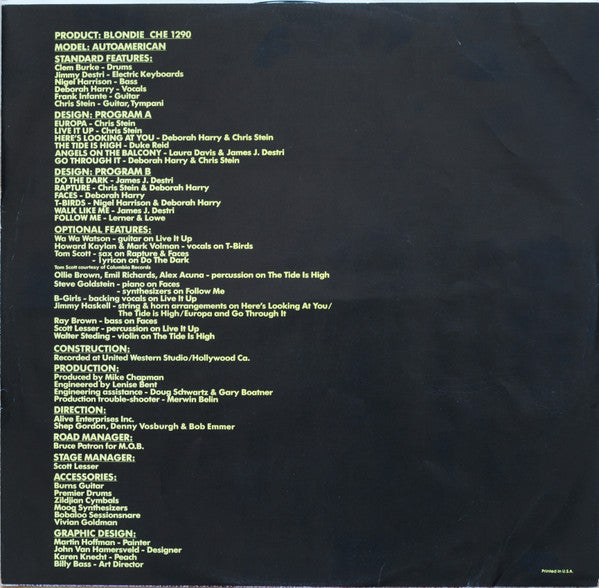 Blondie : AutoAmerican (LP, Album, Club, CRC)