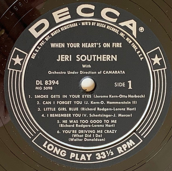 Jeri Southern : When Your Heart's On Fire (LP, Album, Mono)