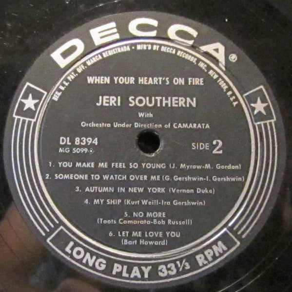 Jeri Southern : When Your Heart's On Fire (LP, Album, Mono)