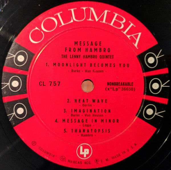 The Lenny Hambro Quintet : Message From Hambro (LP, Album)
