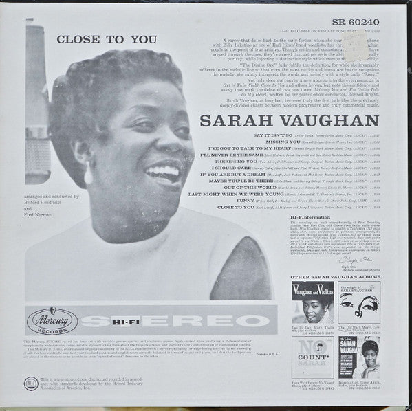 Sarah Vaughan : Close To You (LP, Album)