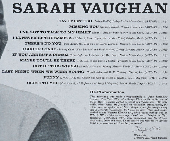 Sarah Vaughan : Close To You (LP, Album)