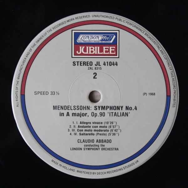 Felix Mendelssohn-Bartholdy, London Symphony Orchestra, Claudio Abbado : Symphony No.3 'Scotch' / Symphony No.4 'Italian' (LP)