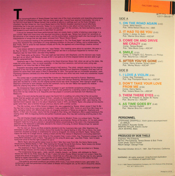 Teresa Brewer, Stéphane Grappelli : On The Road Again (LP, Album, Promo)