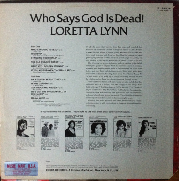 Loretta Lynn : Who Says God Is Dead! (LP, Album, RE, Pin)