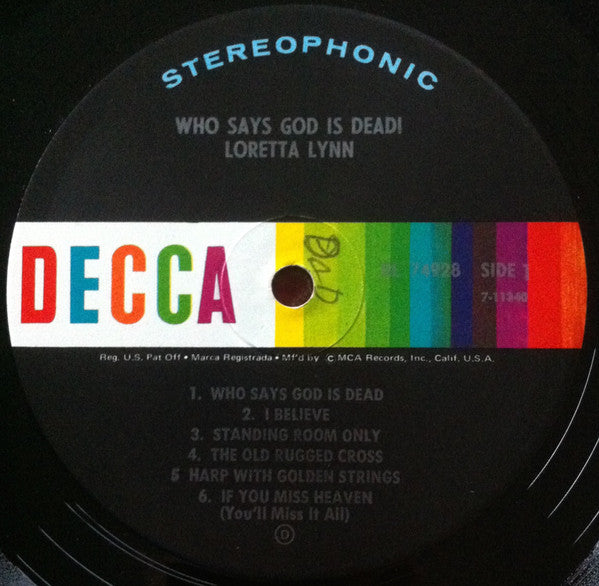 Loretta Lynn : Who Says God Is Dead! (LP, Album, RE, Pin)