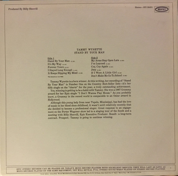 Tammy Wynette : Stand By Your Man (LP, Album, RE, San)