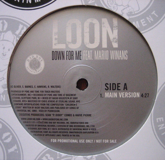 Loon Featuring Mario Winans : Down For Me (12", Promo)