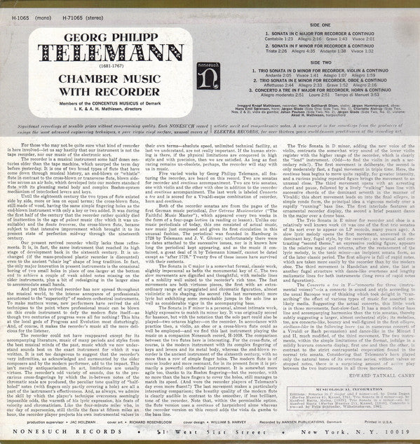 Georg Philipp Telemann, Concentus Musicus Of Denmark Under The Direction Of Irmgard Knopf Mathiesen And Aksel H. Mathiesen : Chamber Music With Recorder (LP, Album)