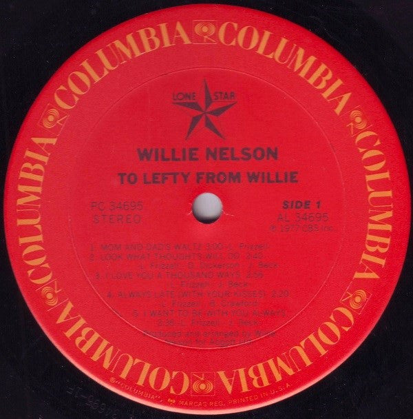 Willie Nelson : To Lefty From Willie (LP, Album, RE)