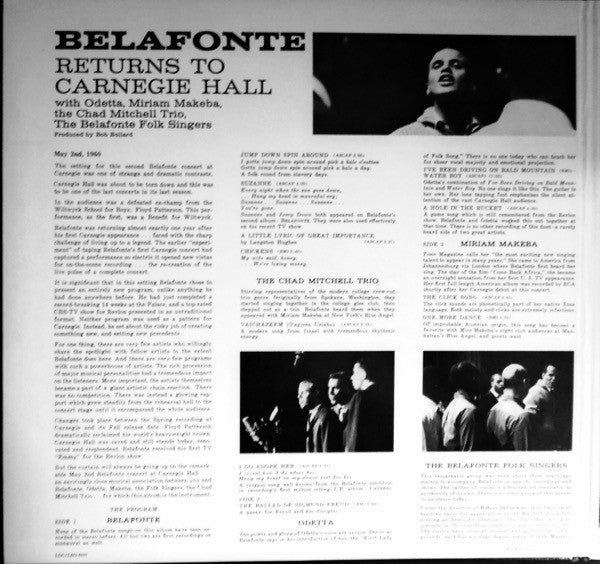 Harry Belafonte With Odetta, Miriam Makeba, The Chad Mitchell Trio And The Belafonte Folk Singers Conducted By Robert DeCormier : Belafonte Returns To Carnegie Hall (2xLP, Album, Roc)