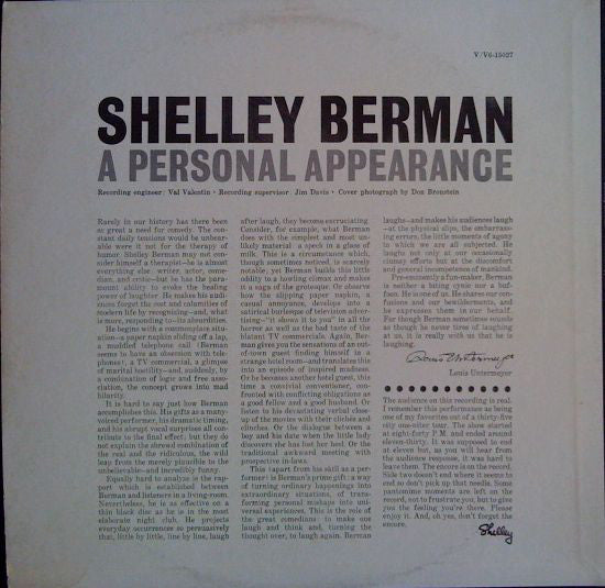 Shelley Berman : A Personal Appearance (LP, Album, Mono)