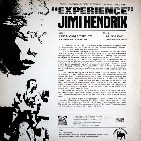 Jimi Hendrix : Original Sound Track From The Feature Length Motion Picture “Experience” (LP, Album, RE)