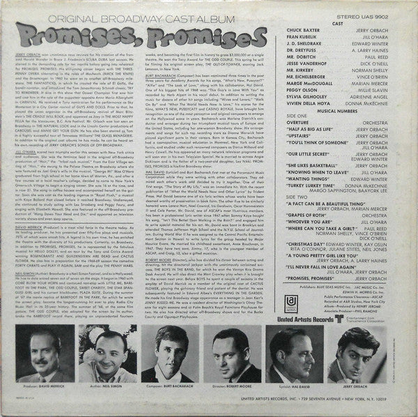 Burt Bacharach , Lyrics By Hal David / Starring Jerry Orbach, Jill O'Hara, Edward Winter , Presented By David Merrick (2) : Promises, Promises (Original Broadway Cast Album) (LP, Album)