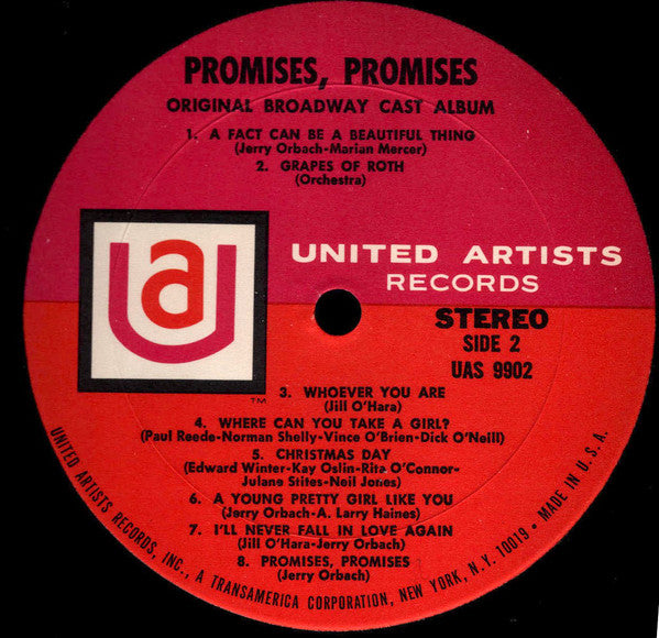 Burt Bacharach , Lyrics By Hal David / Starring Jerry Orbach, Jill O'Hara, Edward Winter , Presented By David Merrick (2) : Promises, Promises (Original Broadway Cast Album) (LP, Album)