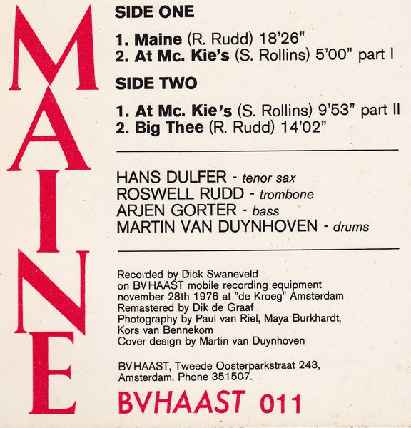 Roswell Rudd / Hans Dulfer / Arjen Gorter / Martin van Duynhoven : Maine (LP, Album)