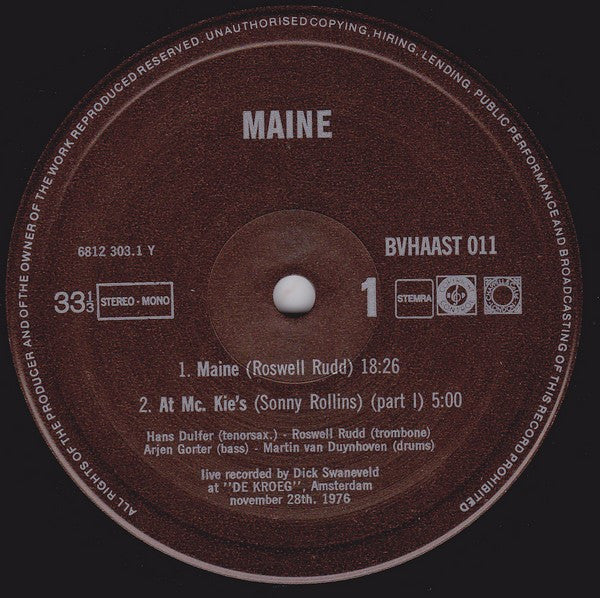 Roswell Rudd / Hans Dulfer / Arjen Gorter / Martin van Duynhoven : Maine (LP, Album)