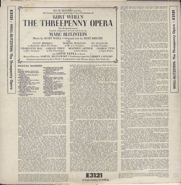 Kurt Weill, Marc Blitzstein : The Threepenny Opera (Die Dreigroschenoper) (LP, Album, Mono)
