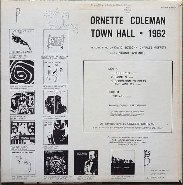 Ornette Coleman : Town Hall • 1962 (LP, Album, Lam)