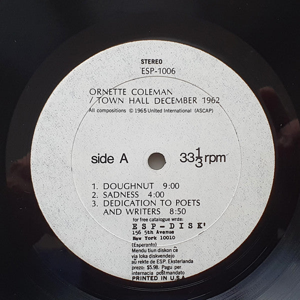 Ornette Coleman : Town Hall • 1962 (LP, Album, Lam)