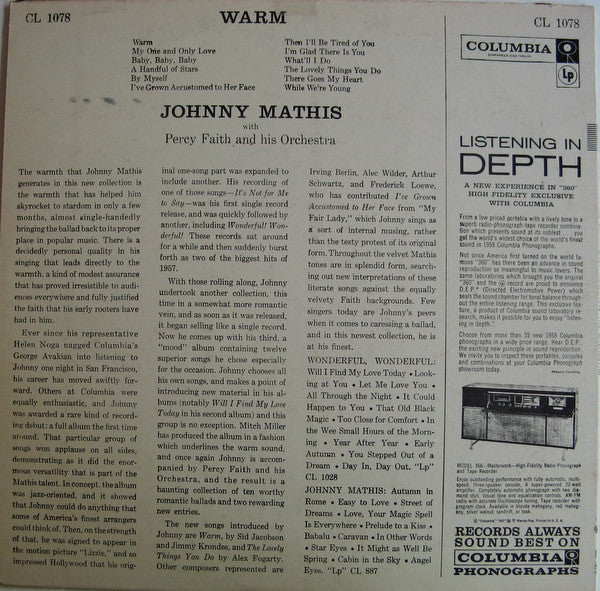 Johnny Mathis With Percy Faith & His Orchestra : Warm (LP, Album, Mono, Ter)