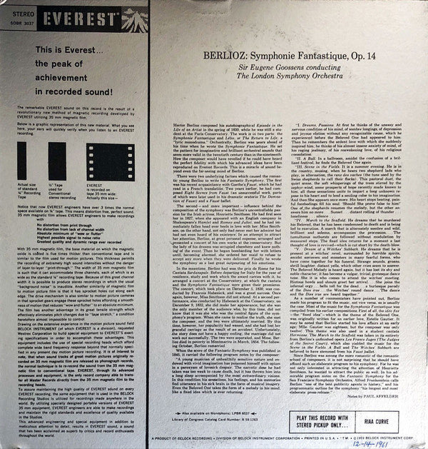 Hector Berlioz - London Symphony Orchestra Conducted By Sir Eugene Goossens : Symphonie Fantastique, Op. 14 (LP, RP, Sil)