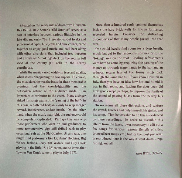 Townes Van Zandt : Live At The Old Quarter, Houston, Texas (2xLP, Album, RE, Gat)