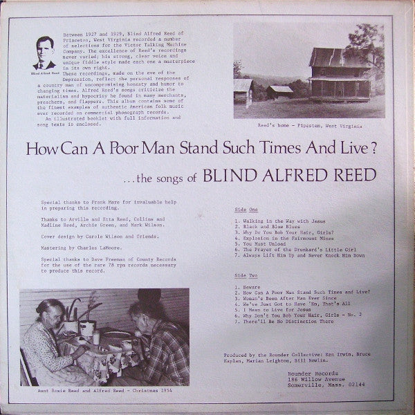 Blind Alfred Reed : How Can A Poor Man Stand Such Times And Live?...The Songs Of Blind Alfred Reed (LP, Comp)