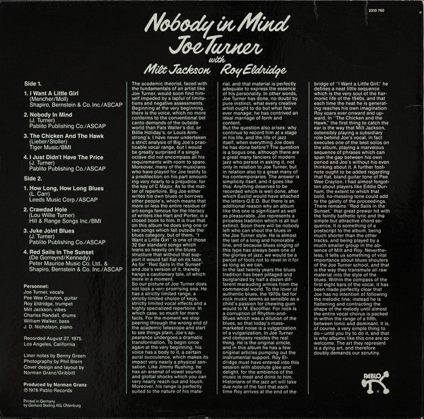 Joe Turner* With Milt Jackson / Roy Eldridge : Nobody In Mind (LP, Album)
