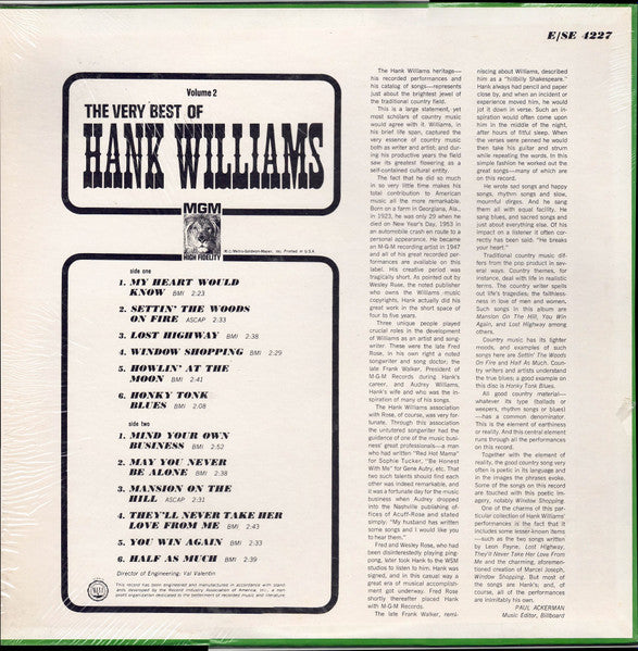 Hank Williams : The Very Best Of Hank Williams Volume 2 (LP, Comp, Mono)