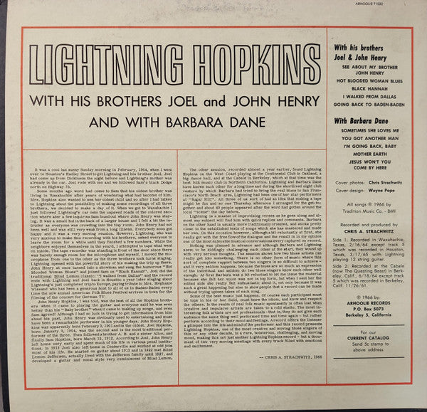 Lightnin' Hopkins : Lightning Hopkins With His Brothers Joel And John Henry And With Barbara Dane (LP)