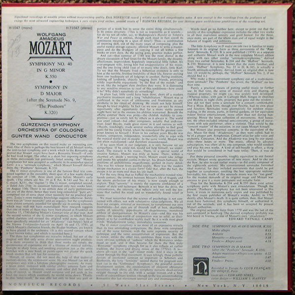 Wolfgang Amadeus Mozart - Gürzenich-Orchester Kölner Philharmoniker, Günter Wand : Symphony No. 40 In G Minor K.550, Symphony In D Major (After The Serenade No. 9, "The Posthorn" K.320) (LP, Album)