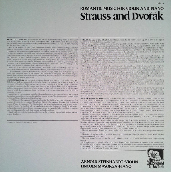 Richard Strauss, Antonín Dvořák / Arnold Steinhardt & Lincoln Mayorga : Romantic Music For Violin And Piano - Strauss And Dvorak (LP, Album, Ltd, Dir)