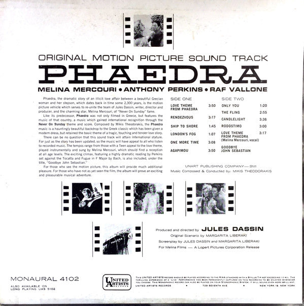 Mikis Theodorakis : Original Motion Picture Soundtrack - Phaedra (LP, Album, Mono)