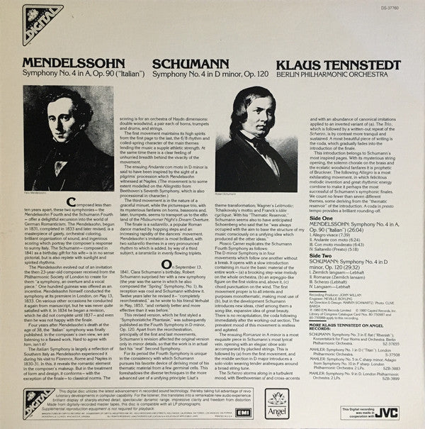 Klaus Tennstedt, Berliner Philharmoniker, Felix Mendelssohn-Bartholdy, Robert Schumann : Symphony No. 4 In A, Op. 90 ("Italian") / Symphony No. 4 In D Minor (LP, Album)