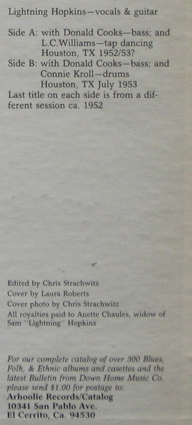 Lightnin' Hopkins : Houston's King Of The Blues (Historic Recordings 1952-1953) (LP, Comp)