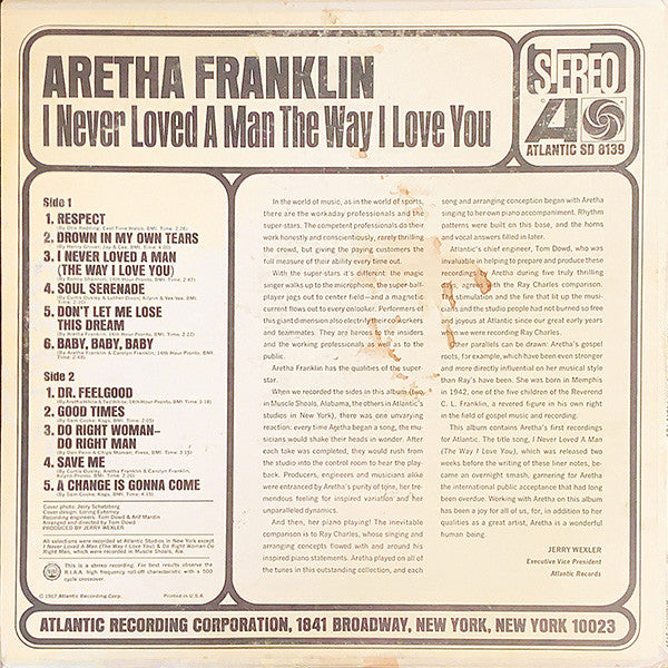 Aretha Franklin : I Never Loved A Man The Way I Love You (LP, Album, MO )