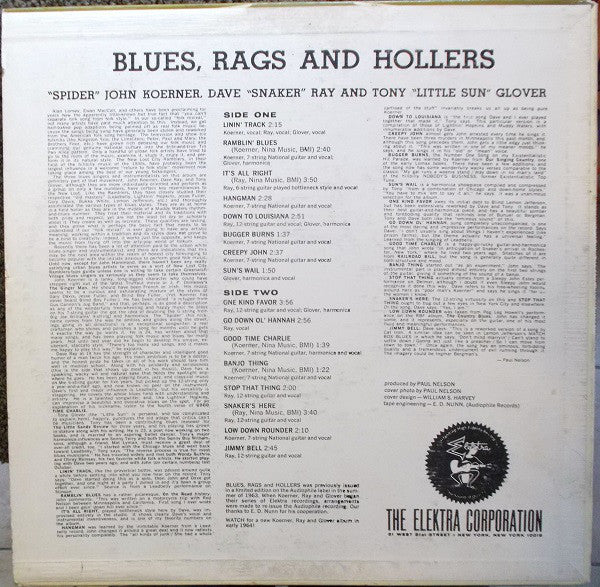 "Spider" John Koerner, Dave "Snaker" Ray And Tony "Little Sun" Glover* : Blues, Rags And Hollers (LP, Album, Mono, RE)