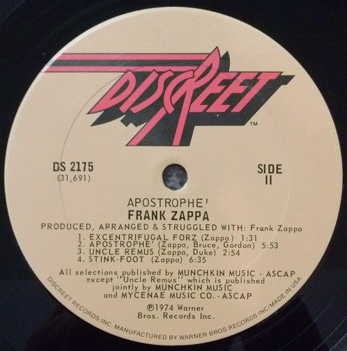 Frank Zappa : Apostrophe (') (LP, Album, San)