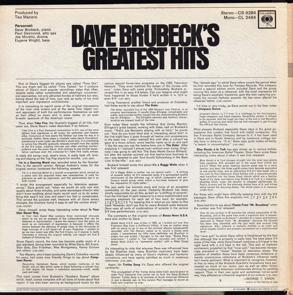 Dave Brubeck : Dave Brubeck's Greatest Hits (LP, Comp)