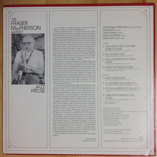 Fraser MacPherson, Ed Bickert, Jake Hanna, Dave McKenna, Steve Wallace : The Fraser MacPherson Quintet - Jazz Prose (LP, Album)