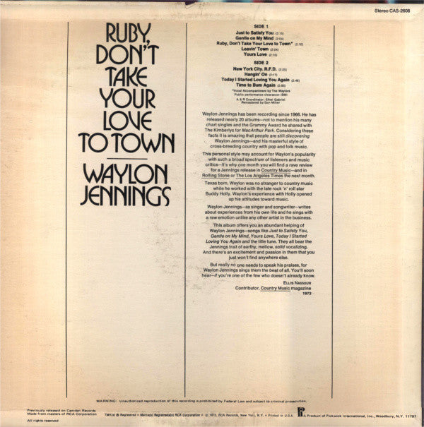 Waylon Jennings : Ruby, Don't Take Your Love To Town (LP, Album, Comp, Bla)