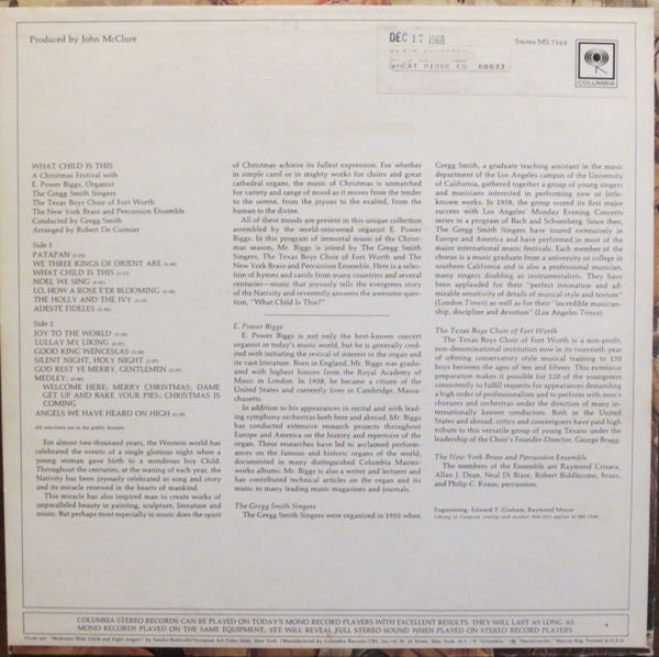 E. Power Biggs, Gregg Smith Singers, Texas Boys' Choir, New York Brass And Percussion Ensemble : What Child Is This (LP)